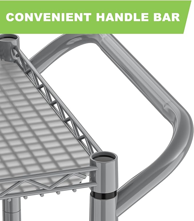 Metal Heavy Duty Carts with Wheels 1050lbs, 3 Tier Rolling Utility Cart with Storage, Steel Wire Carts with Handle Bar&Shelf Liner, Commercial Grade Trolley for Kitchen, Grocery