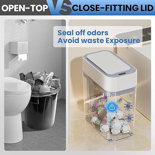 Bathroom Trash Can with Lid: 2.3 Gal Small Slim Motion Sensor Wastebasket, Bag Expansion, Wall Mounted, Automatic, Touchless, Narrow Design for Bathroom, Kitchen and Office, Waterproof