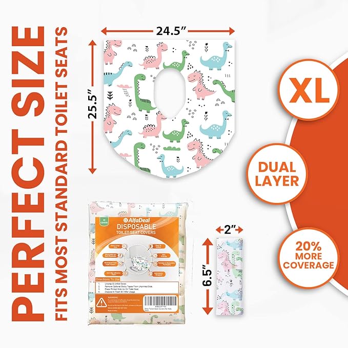 20 Extra Large Toilet Seat Covers Disposable for Kids & Adults-Toilet Covers Disposable for Travel-Toddler Toilet Seat Cover Liners for Potty Training-Individually Wrapped-Waterproof (Dinosaurs)