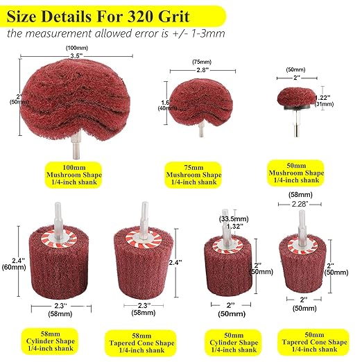 HighFree 7 PCS Non Woven Abrasive Buffing Polishing Wheels Drill Attachment Set - Scouring Pads Wheel with 1/4" Shank for Stainless Steel Copper Aluminum Wood-Wares (320 Grit Red)