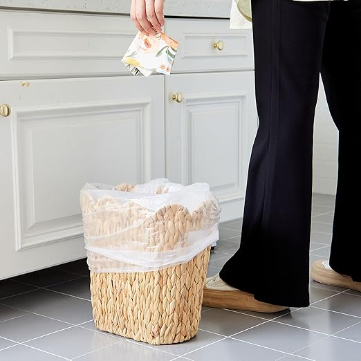 2 Pcs Wicker Trash Can with 50 Small Trash Bag Wicker Waste Woven Basket with Handles Clear Multi Use Garbage Bags for Bathroom Kitchen Bedroom (Calabash Vine,Scalloped Brim)