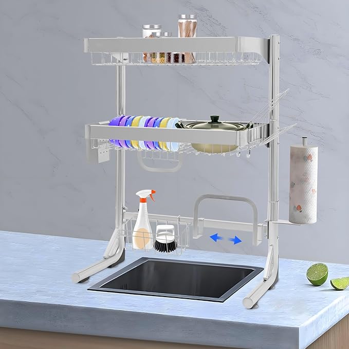 Over The Sink Dish Drying Rack, 2-Tier Stainless Steel Dish Drainer for Kitchen, Multifunctional Organizers, Chopstick Cage, Cup Holder, Cutting Board Holder, Knife Holder, 21''-33''Adjustable Length