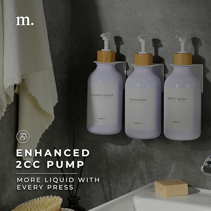MaisoNovo Shampoo and Conditioner Dispenser - Shower Soap Dispenser Wall Mounted - 16.9 fl oz Set of 3 White Plastic Bottles Bamboo Pump - 3 Chamber No Drill