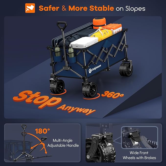 220L Collapsible Wagon Cart Foldable, 460lbs Load Capacity Heavy Duty Folding Beach Wagons with Big All-Terrain Wheels, Utility Carts for Groceries, Shopping, Camping, Sports - Blue