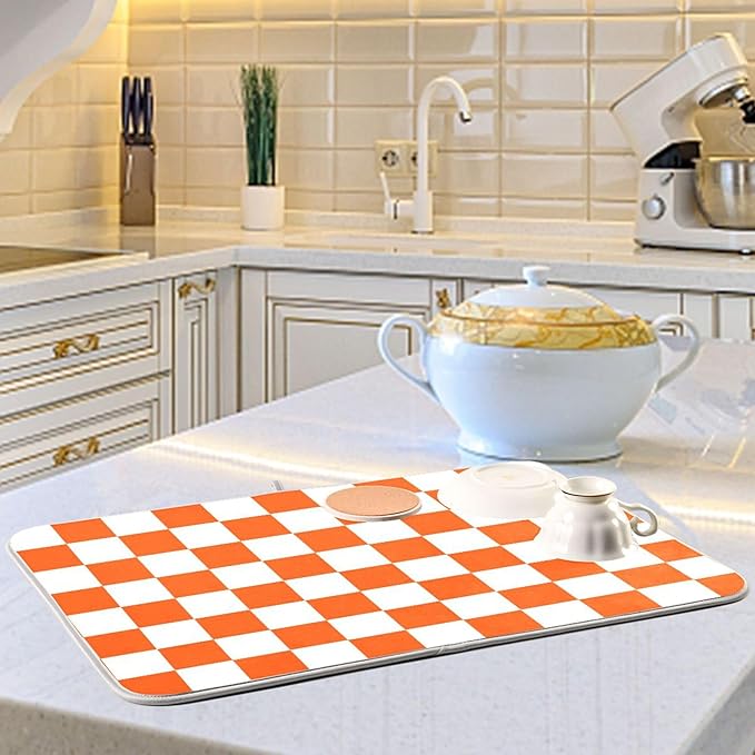 Burnt Orange Chessboard Dish Drying Mat for Kitchen Countertop 16x18 Plaid Checkered Rectangle Small Drying Mat Reusable Quick Dry Dish Sink Absorbent Mats Easy Clean Decorative Home Essentials
