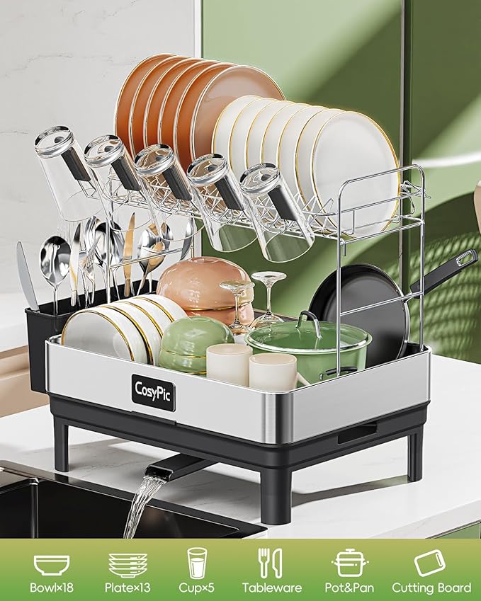 2 Tier Dish Drying Rack, Thicker Premium 304 Stainless Steel Dish Racks for Kitchen Counter, Automatic Drainage Spout, Dish Drainer & Drainboard Set with Utensil Holder and Cup Holder, Black