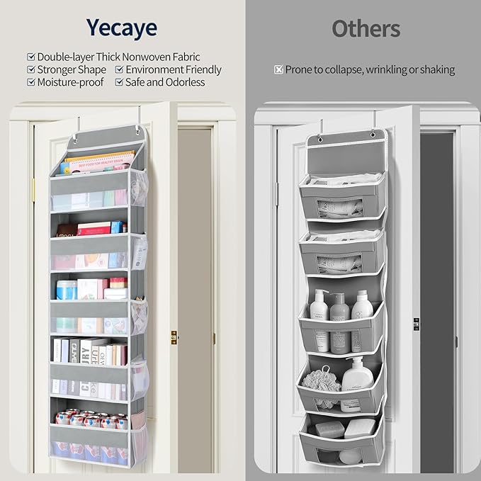 Yecaye Over The Door Organizer Storage, 5-Tier Heavy Duty Door Organizers Hanging with 10 Side Mesh Pockets, 44 lbs Load Capacity Behind Door Storage for Bathroom Nursery Bedroom Dorm Closet, Grey