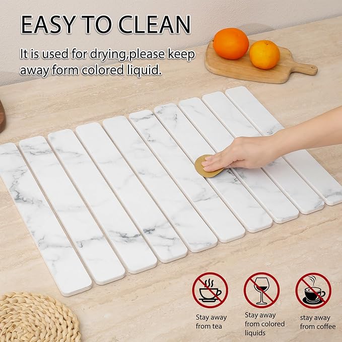 Stone Drying Mat for Kitchen Counter 24"×16" ,Large Dish Drying Mat with Drainage Grooves, Non-Slip Silicone Drying Mat, Absorbent Counter Protector for Dishes, Utensils