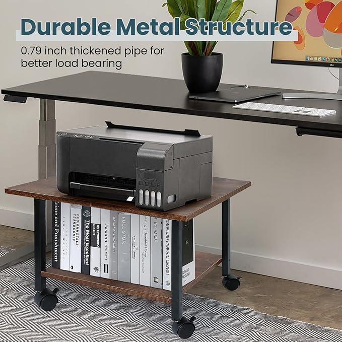 Printer Stand with Storage Under Desk Shelf, Desktop Printer Stand Organizer, Rolling Printer Cart Storage Paper Files Holder for Desk, Office, Home, (Rustic Brown)