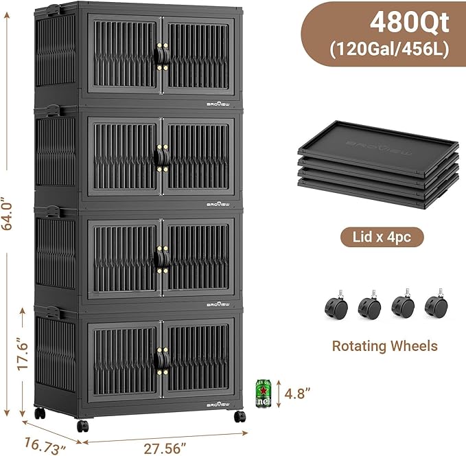 BROVIEW 480Qt Stackable Storage Bins with 4 Lids, Extra Large Closet Organizer Collapsible Drawer Boxes with Wheels, Folding Plastic Cabinet Containers for Home Kitchen Room Organization, 4Pack Black