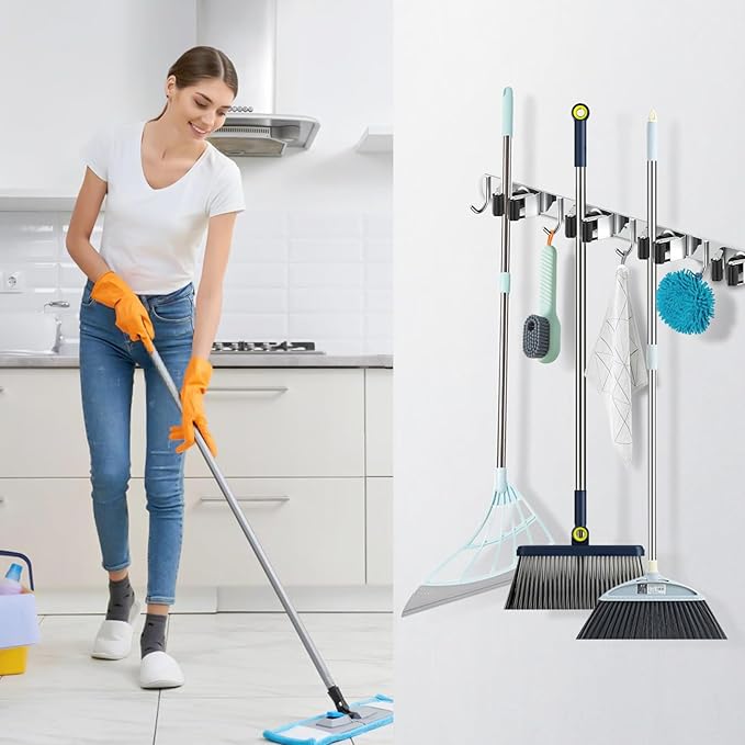 nacena Broom holder Wall Mount, 2-Pack Silver Stainless Steel Self-Adhesive Mop and Broom Hooks Heavy Duty Broom and Mop Storage Rack laundry room organization for Kitchen Garden garage