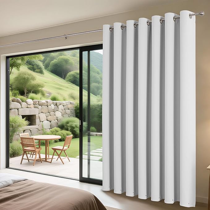 Joydeco Blackout Patio Sliding Door Curtains 90 Inches Long, Grommet Privacy Room Divider Curtains, Extra Wide Thermal Blackout Drapes for Bedroom Living Room (Greyish White, 70Wx90L, 1 Panel)