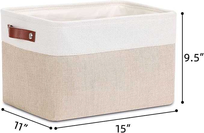 DULLEMELO Collapsible Rectangle Fabric Storage Basket for Organizing Clothes, Toys, Towels, Books, Laundry, Nursery, Dog Toys (White & Khaki)