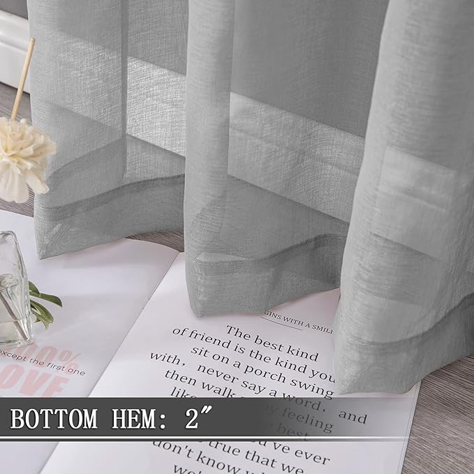 Tollpiz Short Sheer Curtain Living Room Linen Textured Curtains Sheer Light Filtering Voile Rod Pocket Curtain for Bedroom, 38 x 54 inches Long, Silver Grey, Set of 2 Panels