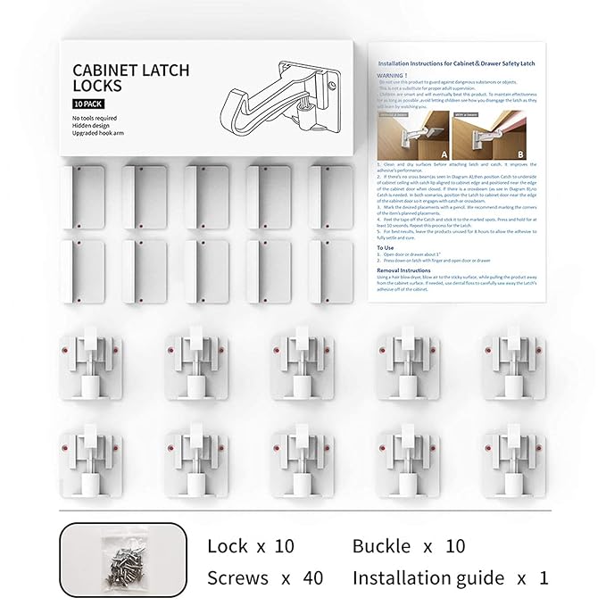 Cupboard Locks for Children - Child Safety Locks, Baby Proofing Drawer Kit Latches - No Drilling - Non Magnetic Child Proof Kitchen Cabinet Lock for Babies - Childproof - 10 Pack