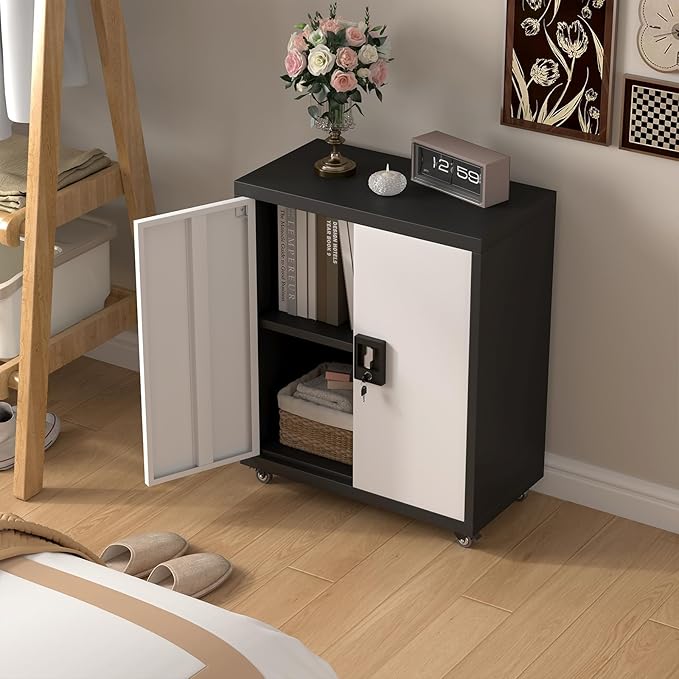 Metal Storage Cabinet with Wheels, Steel Mobile Garage Cabinets with Lockable Door and Adjustable Shelf, Metal Rolling Tool Cabinet, Utility Cabinet for Home, Office, Black+Gray