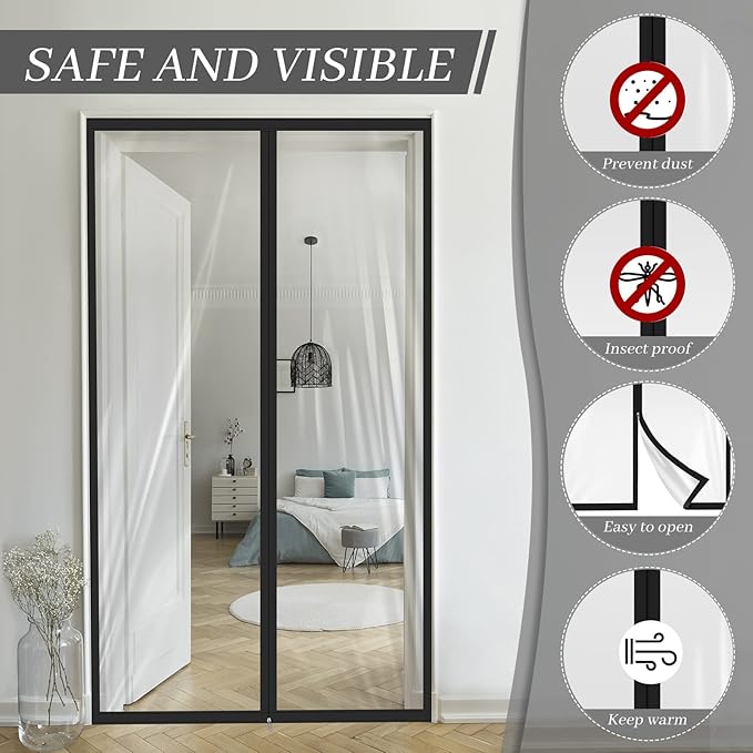 Amylove Zipper 48 x 87 Inch Dust Barrier Door Kit Construction Door Barrier 4 x 7.25 ft Reusable Plastic Curtain Cover Containment Standard Doorway Temporary Wall Screen Sheeting for Bathroom Hallway