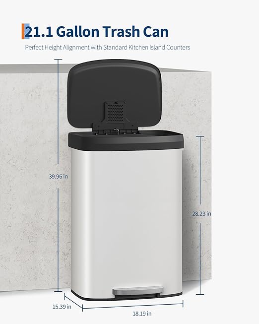 Garvee 21 Gallon / 80 Liter Metal Trash Can with Lid, Large Garbage Can for Kitchen, Rustproof Step-on Kitchen Metal Trash Bin with Liner Rim, Rear Handle, Soft Close Plastic Lid, White