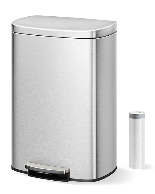 Garvee 13 Gallon / 50 Liter Stainless Steel Kitchen Trash Can with Lid, Large Rustproof Garbage Can for Kitchen, Step-on Metal Trash Bin with Inner Bucket, Rear Handle, Soft Close Lid, Silver