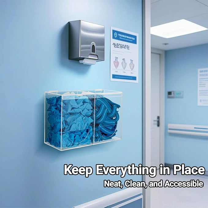Glove Dispenser Wall Mount - Double Acrylic Hygiene Dispenser Station Holder for Disposable Latex Gloves, Hairnets, Ear Plugs, Laundry Pods, Dishwasher Pods, Dryer Balls, Clear