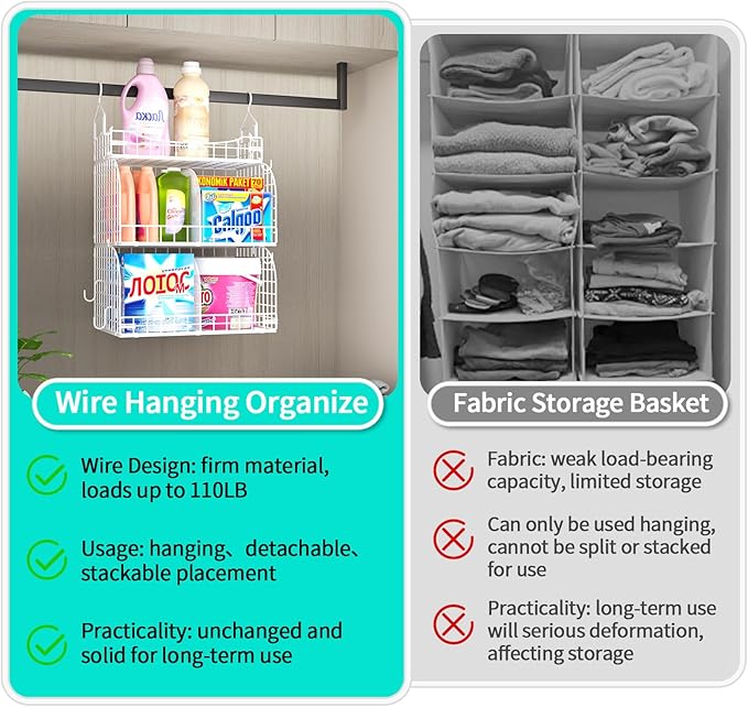 HapiRm Hanging Closet Organizer Storage - 3 Tier Metal Stackable Hanging Closet Shelves with Dividers and S Hooks, Foldable Clothes Shelves for Clothes, Pants, Shoes, Coat, Hats Clutches Accessories