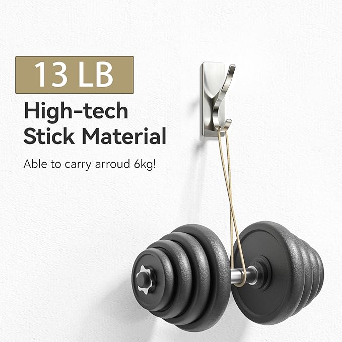 Self Adhesive Coat Hooks for Hanging: Heavy Duty Stainless Wall Hook for Towel, Backpack, Hat, Sturdy Metal Hanger for Bathroom, Bedroom, Door, Brushed Nickel, 6-Pack