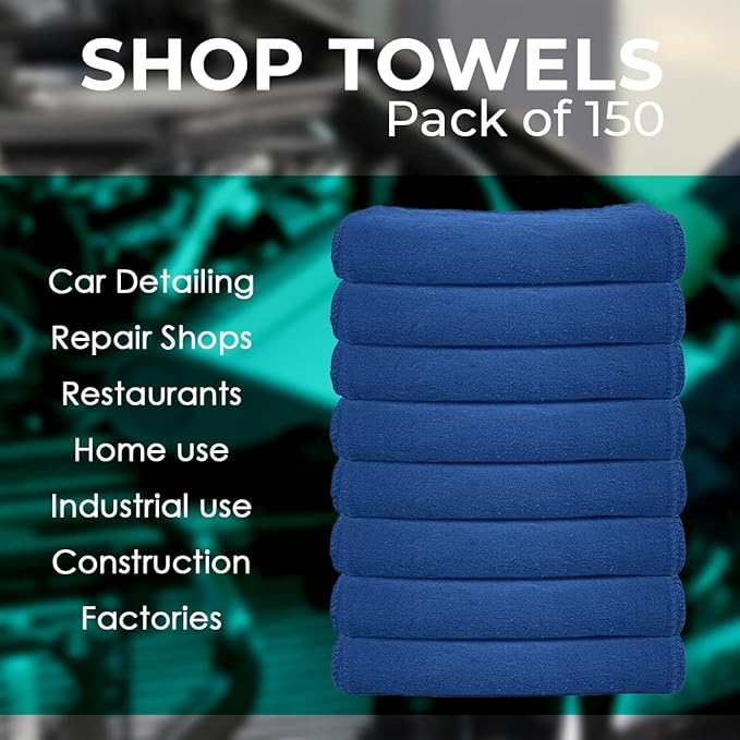Avalon Towels Cotton Shop Rags – (Pack of 150) Size 12x14 Inches Cleaning Rags – Absorbent Shop Towels and Multipurpose Cleaning Towels for Automobiles, Industries, Garage and Homes (Blue)
