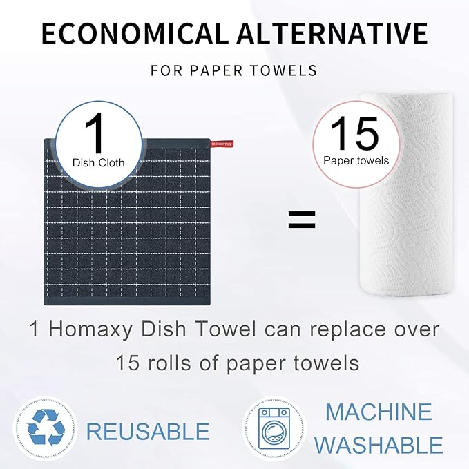 Homaxy 100% Cotton Terry Kitchen Dish Cloths, Ultra Soft and Absorbent Dish Towels for Kitchen, Suitable for Drying and Washing Dishes, 8 Pack, 12 x 12 Inches, Dark Grey