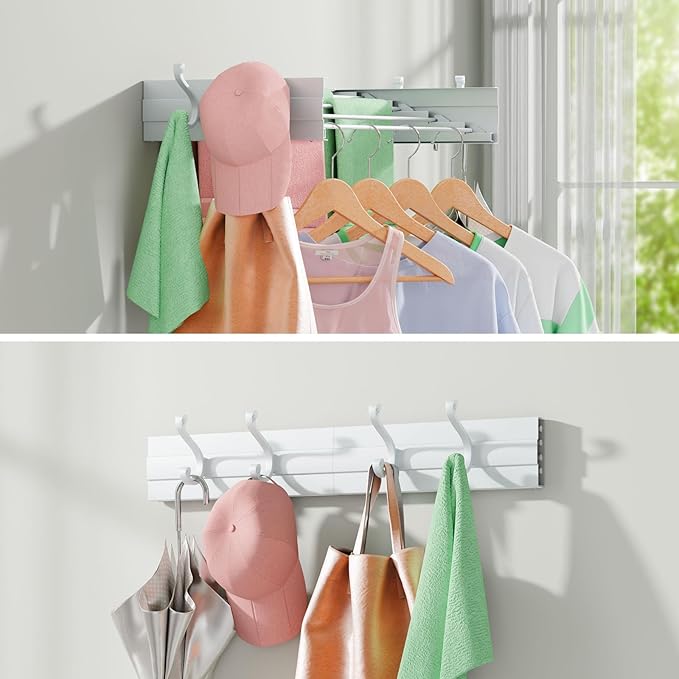 Wall Mounted Clothes Drying Rack for Laundry 23.6", Folding Clothes Drying Rack with 4 Towel Hooks and 4 Rods for Hanging Coat Dedicates, Space Saving for Bedroom Bathroom Balcony Living Room (23.6'')
