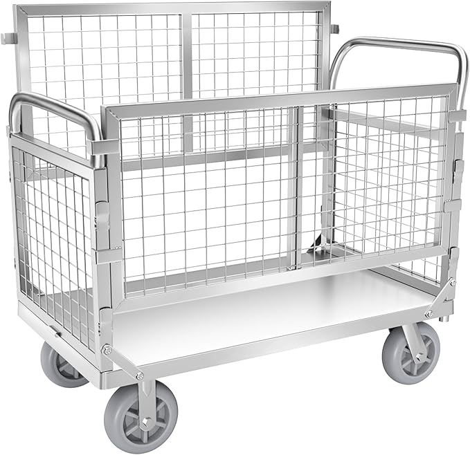 Platform Truck with Cage, 6 in1 Foldable Heavy Duty Steel Flatbed Cart, Large Utility Cart w/Industrail Solid Casters, Load 2000LBS Multi-Purpose Push Dolly for Grocery/Laundry/Stall/Warehouse