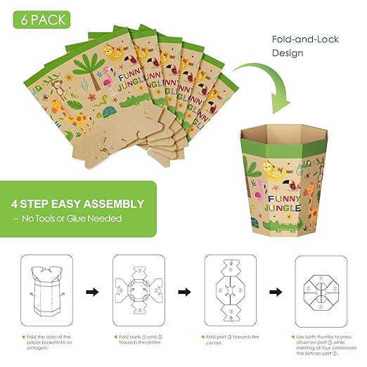 6-Pack Cardboard Trash Can – Foldable, Recyclable, Plastic-Free & Reusable Small Waste Paper Basket for Kids - Garbage Bin Perfect for Bedrooms, Playrooms, Children's Room & Outdoor (3.2 Gallon)