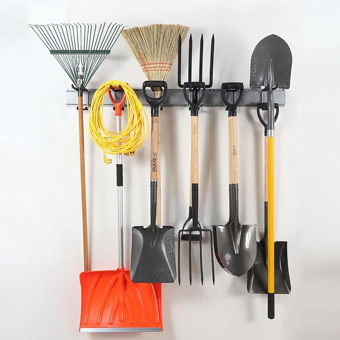 Wall Mount Tool Storage Rack, Garage Organization, Heavy Duty Garage Storage Tool Organizer, Garden Tool Wall Hooks and Hangers, Hold Up to 350lbs Grey