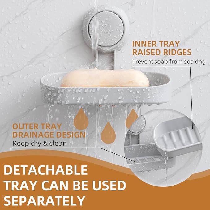 LEVERLOC Soap Dish Holder for Shower Suction Cup Wall Mounted Self Draining NO-Drilling Removable Bar Soap Sponge Holder for Bathroom Bathtub Kitchen Sink Waterproof Strong Vacuum Suction, Grey
