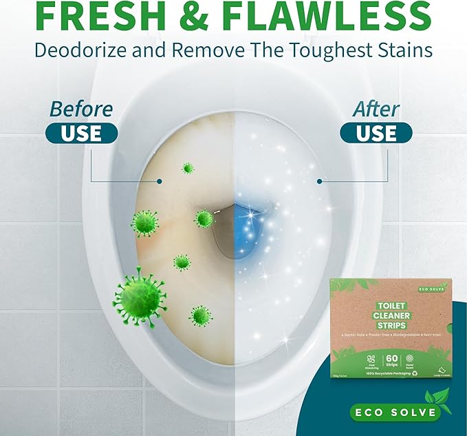 Natural Toilet Bowl Cleaner Strips, Eco-friendly, Non-toxic, Septic Safe, Removes Odors & Stains, Plastic-free, Natural Toilet Bowl Cleaner for Quick and Easy Cleaning, Toilet Fresheners (60 count)