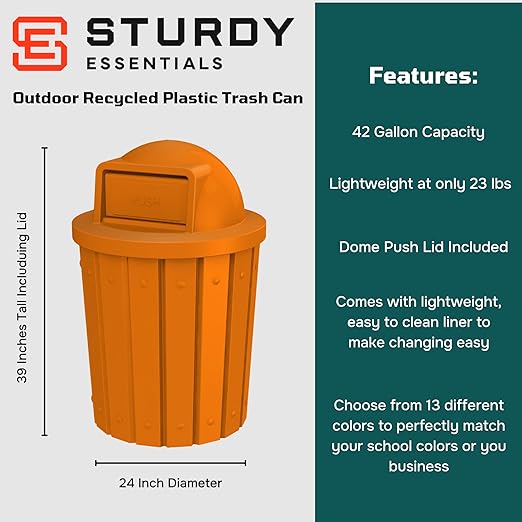 42 Gallon Slatted Circle 100% Recycled Plastic Commercial Outdoor and Indoor Trash Can with Push Open Dome Lid and Internal Liner | Great for Schools and Businesses - Orange