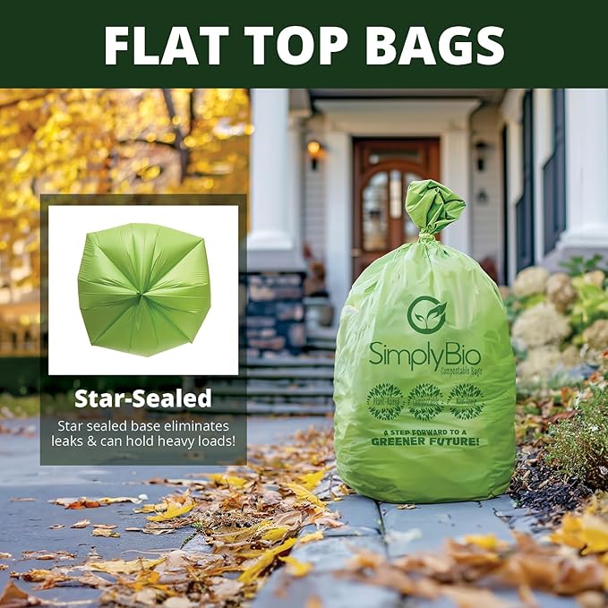 Simply Bio 50-55 Gallon Compostable Trash Bags Liners Flat-Top, Heavy Duty Extra Thick 2 Mil, 208.2 Liter, 12 Bags, Lawn, Yard, and Restaurant Use, ASTM D6400, US BPI, OK Compost Home Certified