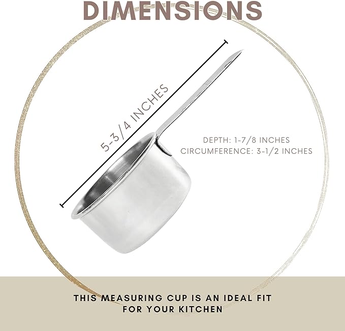 1 Cup Stainless Steel Measuring Cup | Sturdy Metal 250 ml | 240 cc | 8 oz | Single Cup for Wet and Dry Ingredients | Great for use as 1 Cup Dog Food Scoop - 1 PK