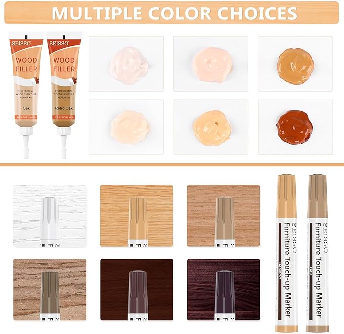Wood Furniture Repair Kit - 6 Oak Color Wood Fillers with 6 Touch Up Markers and Wood Polish Wax for Wooden Stains, Scratch Repair, Cracks, Perfect for Laminate, Cabinet, Tables, Oak, Walnut