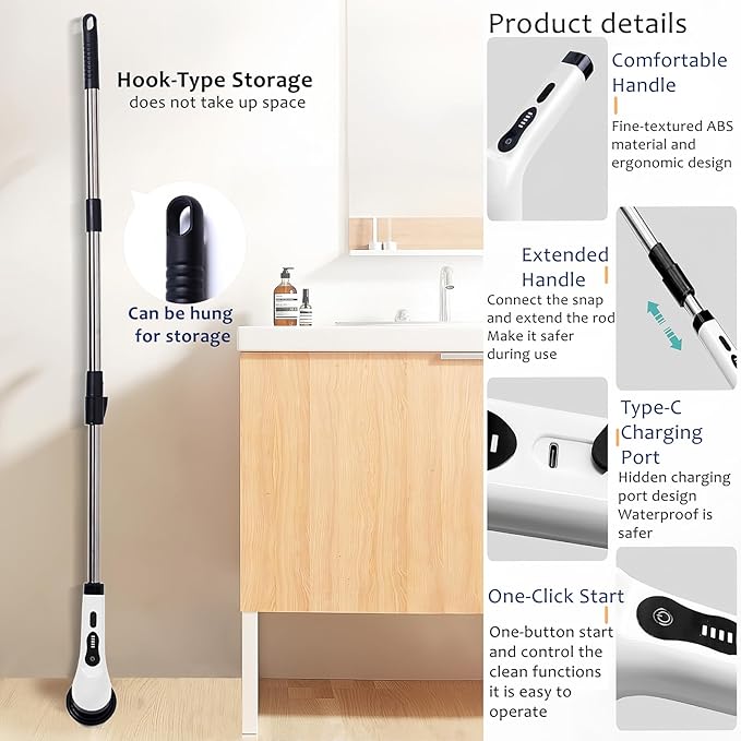 Electric Spin Scrubber, Cordless Cleaning Brush with 9 Attachment Shower and Grout Cleaner, Adjustable Extension Handle, IPX7 Waterproof for Tile Floor Tub Car (White)