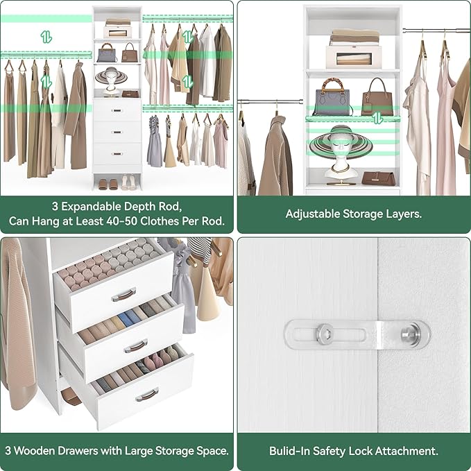 96'' Closet Organizer System with 3 Hanging Rods (Without 3 Storage Shelves), 8FT Closet Systems, Wall Mount Bedroom Wardrobe with 3 Wood Drawers, Adjustable Garment Rack from 5 to 8FT, White