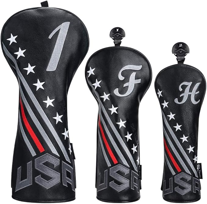 Big Teeth Golf Cover USA Stripe and Star Headcover Covers, Driver Fairway Wood Hybrid Headcovers Fits Blade Mallet Putter Iron and Woods with Magnetic Club Protector Pu Leather Golf Accessories