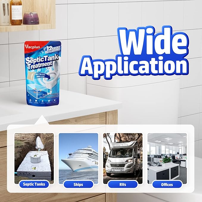 Vacplus Septic Tank Treatment 12 Pcs for 1-Year Supply, Dissolvable Packs with Easy Operation, Durable Biodegradable Enzymes for Wastes, Greases & Odors, Brown, 3x Efficiency