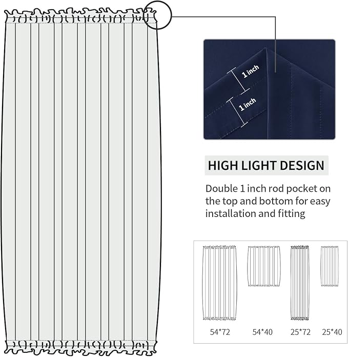 DWCN French Door Curtains – Rod Pocket Thermal Blackout Curtain for Doors with Glass Window, Kitchen and Patio Doors for Privacy, 23 X 72 Inches Long, 1 Curtain Panel with Tieback, Navy Blue