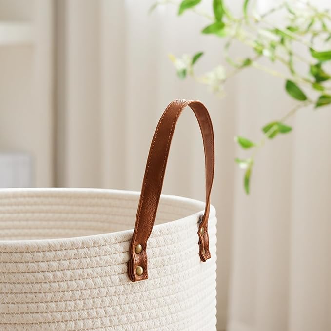VIPOSCO Tall Laundry Basket, Large Dirty Clothes Hamper with Leather Handle, Woven Rope Storage Basket for Blanket, Toy In Living Room, Bathroom, Bedroom - 53L White & Brown