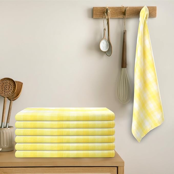 Kitchen Towels Set of 6 Yellow/White Checks 20x30 Inches 100% Cotton Highly Absorbent Kitchen Towels Premium Quality Ultra Soft Mitered Corners
