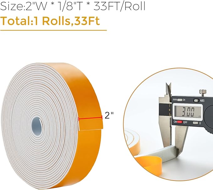 33 Feet Weather Stripping Door Seal, 2" Wide X 1/8" Thick Door Seal Strip High Density Foam Tape Adhesive Strip for Door Soundproofing,Window Insulation (2" x 1/8" x 33FT,White)