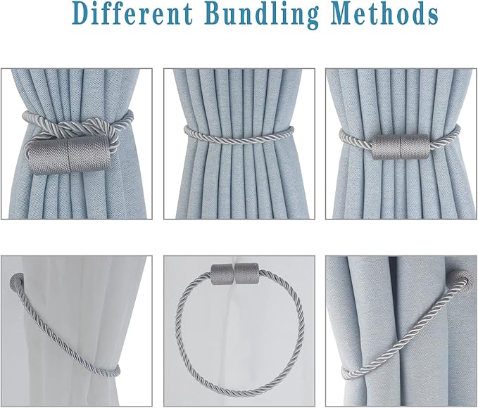 Magnetic Curtain Tiebacks 6 Pack Grey Curtain Rope Tieback Curtain Holders for Drapes Modern Tie Backs Decorative Curtain Holdbacks