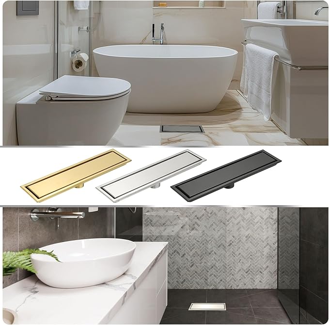 uxcell Rectangular Shower Drain, Brushed 304 Stainless Steel Odor-Proof Floor Drain Linear Shower Drain Hair Catcher for Bathroom Kitchen and Laundry Room(12 Inch, Bright Silver)