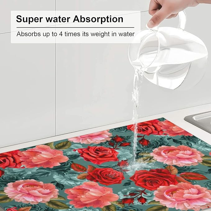 Floral Boho flowers Dish Drying Mat For Kitchen Counter 18 X 24 Inch Absorbent Dish Mat Reversible Drainer Drying Kitchen Mat