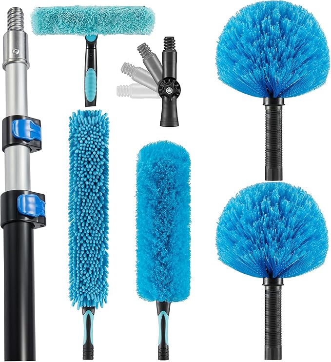 25 Foot High Ceiling Fan Duster with 6-18 Foot Extension Pole, Extendable Reusable Cobweb, Feather, Window Cleaning Squeegee Kit